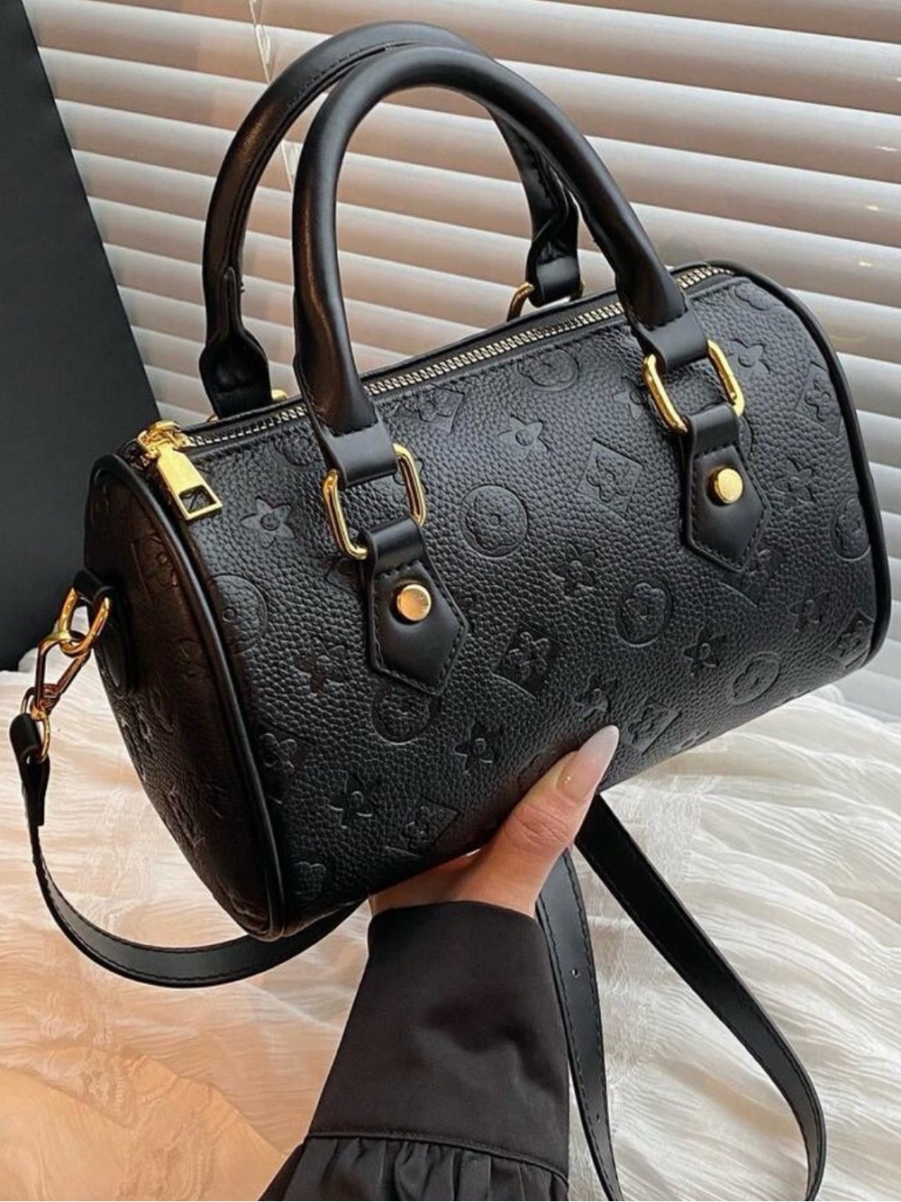 Black Embossed Mini Bucket Handbag New